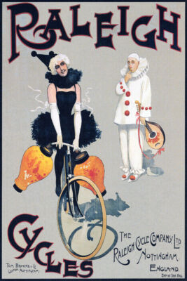 BICYCLE RALEIGH CYCLES PIERROT COLUMBINE ENGLAND NOTTINGHAM VINTAGE POSTER REPRO