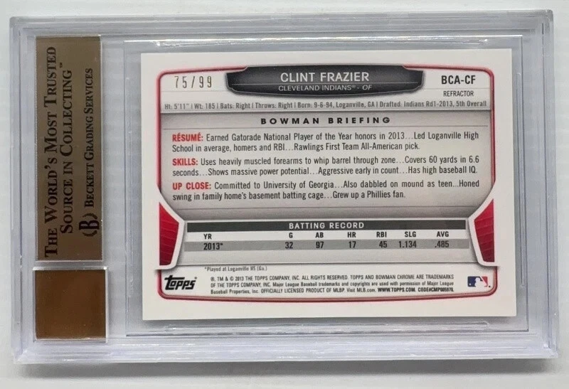 2013 Bowman Draft Picks Clint Frazier Chrome Auto Blue Refractor #75/99 BGS 9.5 - Image 2 of 2