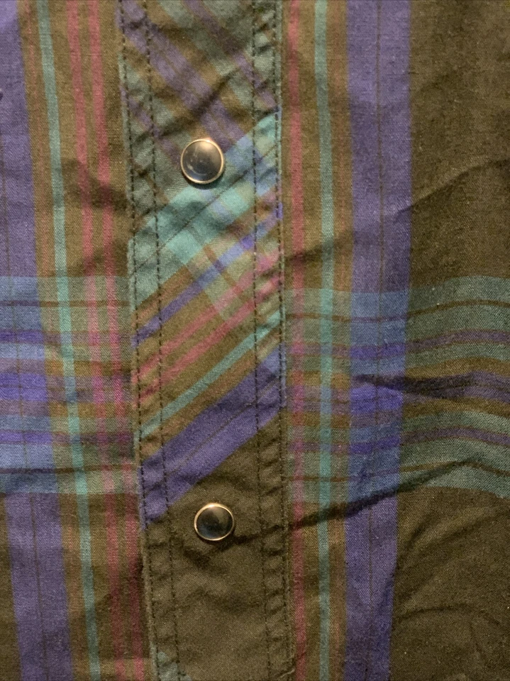 Camisa de hombre vintage verde negra a cuadros poli algodón Rustler manga larga a presión Foto 3 de 4