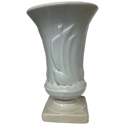 vintage McCoy pottery sailboat motif  vase  matte blue beige glaze 8" crazed