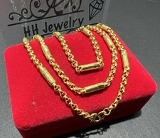 24K Yellow Gold Elongated Bar Link Chain Diamond Cut Rollo Mix Necklace 24 Inch