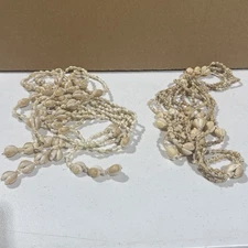 VTG 70s Shell Macramé Style Plant Hangers – Handmade Boho Beach Cottage Pair (2)