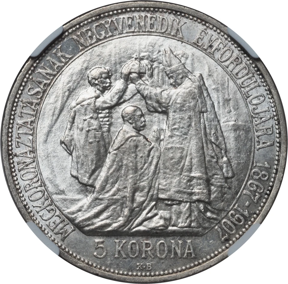 1907, Hungary, Franz Josef I. Silver 5 Korona Coin. Original Strike! NGC MS-61! - Image 2 of 3