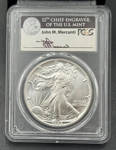 1988 $1 1ozt Silver American Eagle PCGS MS 70, John Mercanti Signature Label
