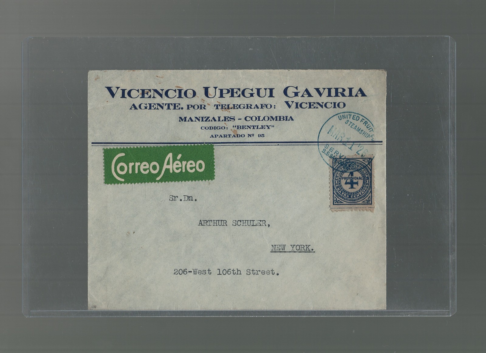 Colombia Airmail Cover Manizales to New York 1926 SS San Jose UF Co Cancel