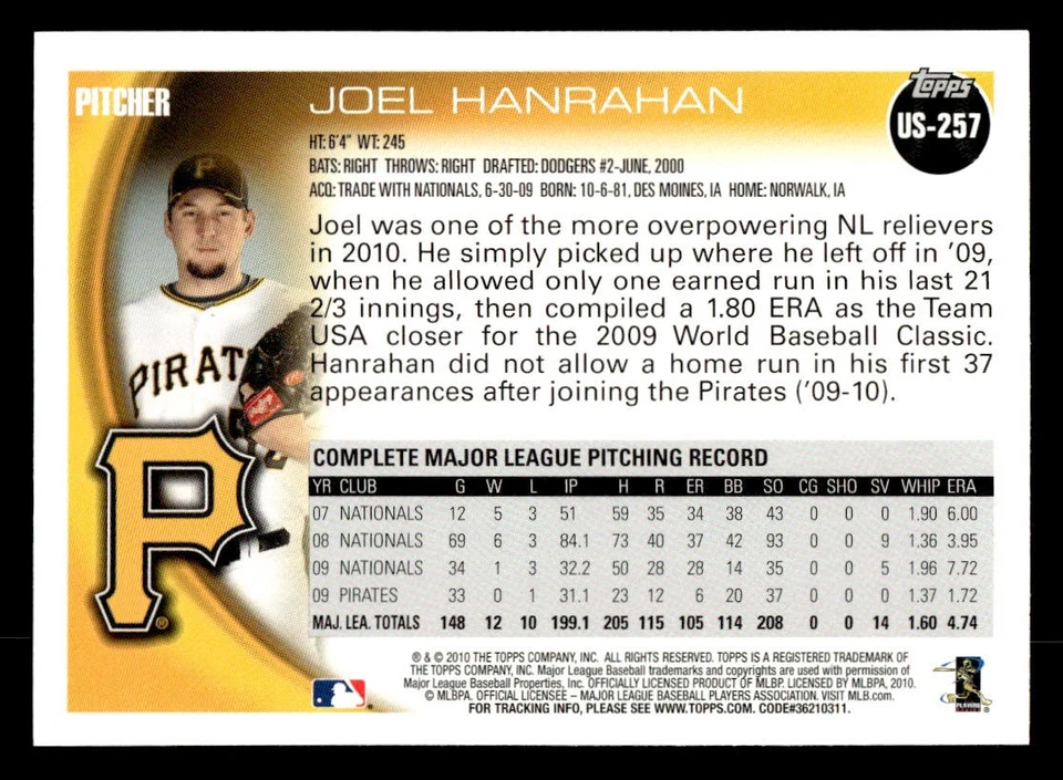 2010 Topps Update #US-257 Joel Hanrahan Card Pittsburgh Pirates - Image 2 of 2