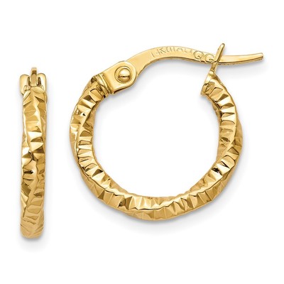 14k Yellow Gold 14mm Polished and Textured Hoop Earrings