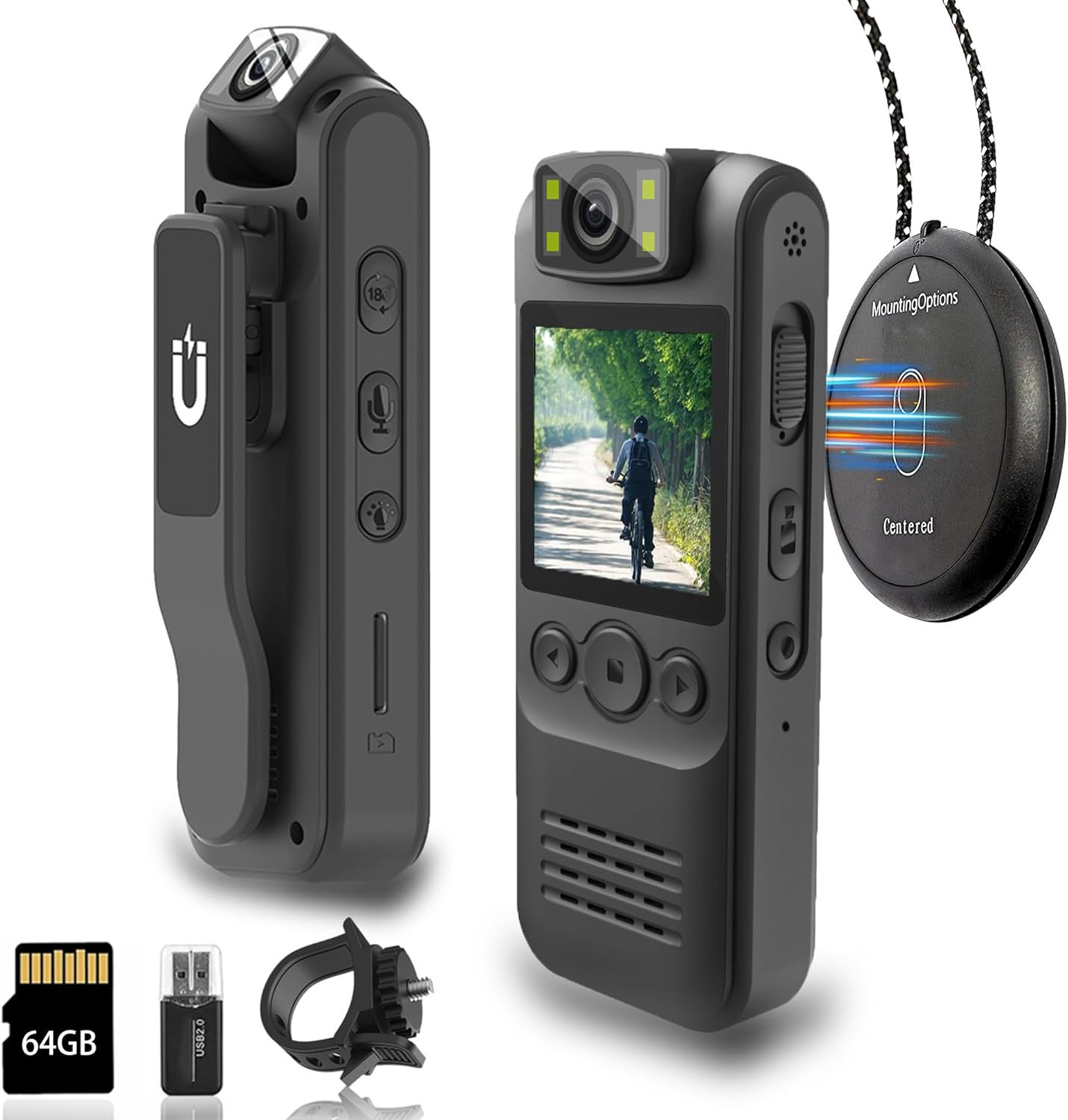 Body Camera with Audio and Video Recording, 1080P HD 64GB Storage, Magnetic Lany
