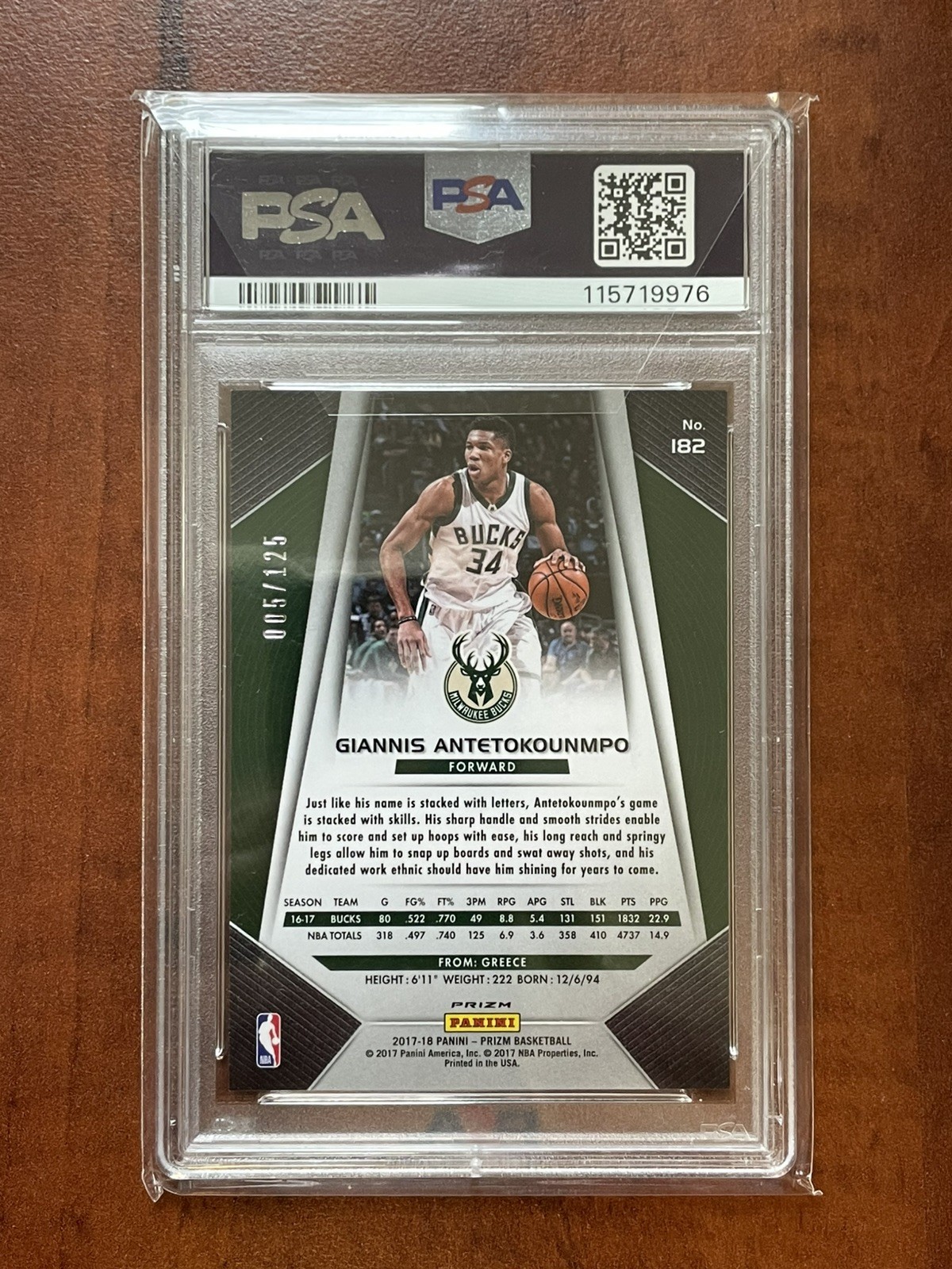 2017 Panini Prizm #182 Giannis Antetokounmpo Fast Break Red /125 PSA 10 GEM view 2