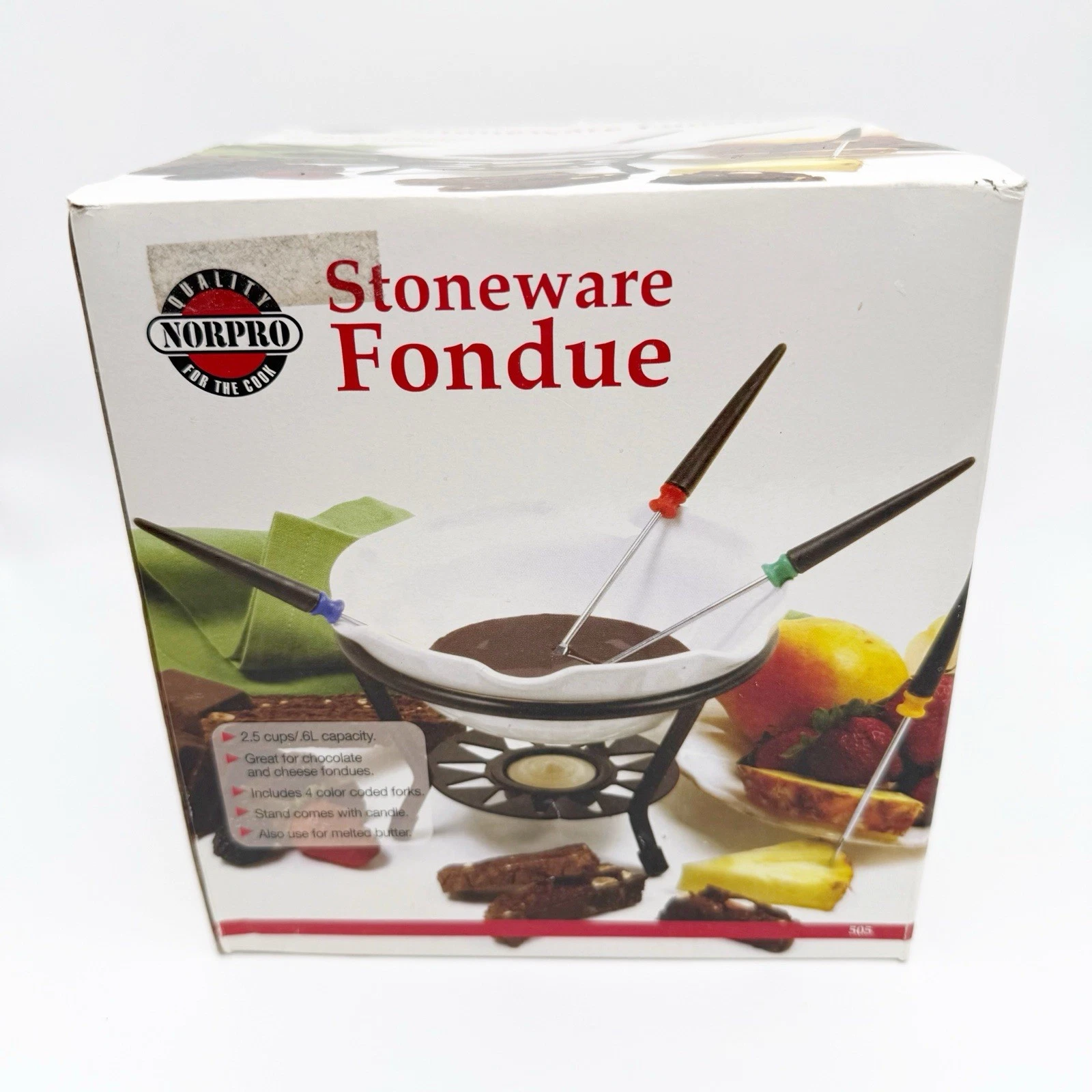 Norpro Stoneware Chocolate Fondue Set White Stoneware Casserole Forks 2.5 Cups