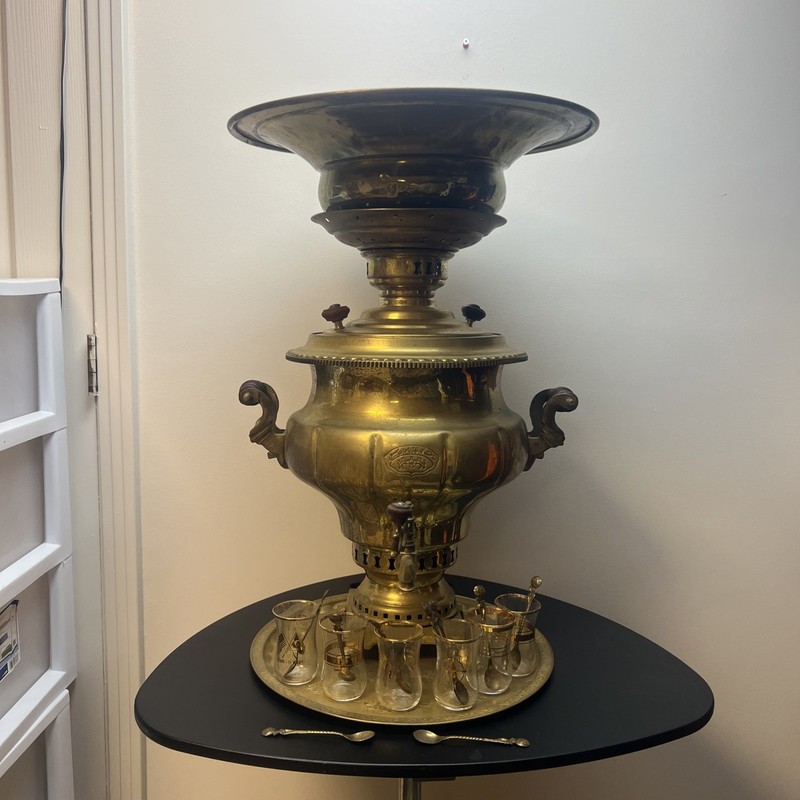 Antique Brass Samovar With 6 gold trim Glasses And 9 Spoons