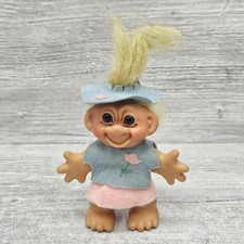 Vintage Thomas Dam Troll Doll Denmark Blue Glass Eyes Hard Body Felt Dress Hat
