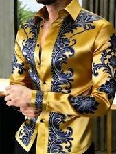 Men's Vintage Blue Lotus 3D Print Shirt Long Sleeve Chinese Style Dress Shirt