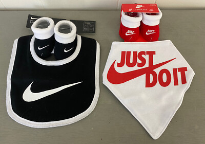 Baby Nike Newborn Bib Booties Sock Set NEW Lot of Red Black