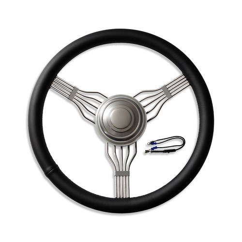 15" Chrome Full Wrap Black Steering Wheel w/Built-in Adapter & Horn Button - Picture 5 of 8