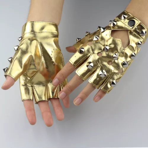 Women Faux Leather Fingerless Gloves Gothic Half Finger Stud Rivet Punk Gloves-- - Picture 14 of 29