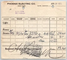Butte, MT Phoenix Electric Co.- Leys Jewelry 1925 "Steam" Billhead $52.40