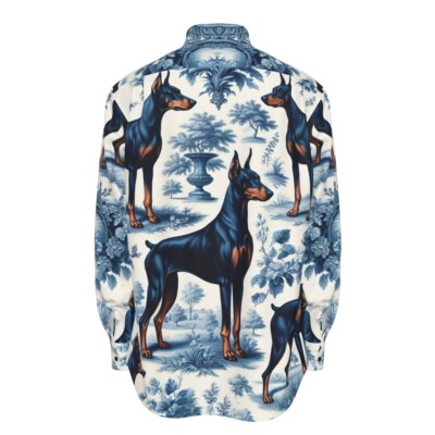 Doberman Pinscher Toile De Jouy Mens Cotton Shirt Long Sleeve Blue Dog Floral