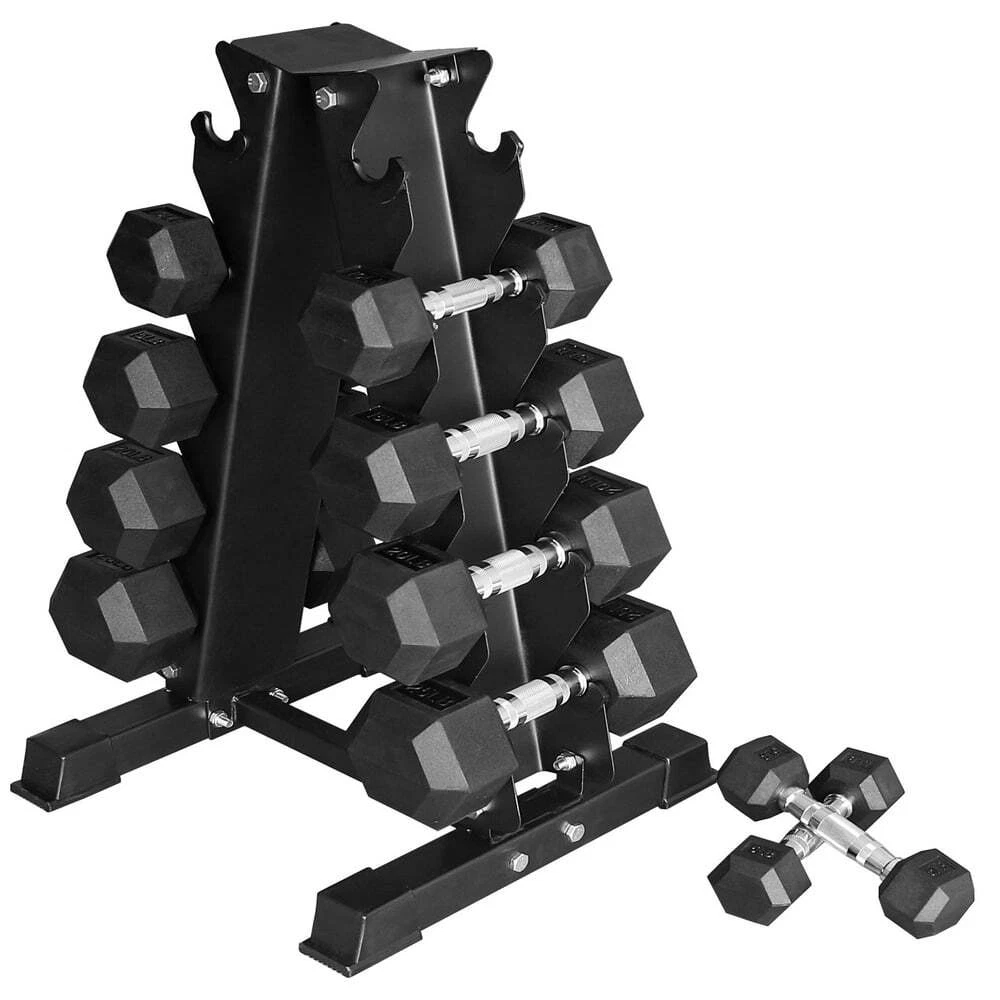 Rubber-Coated Hex Dumbbell Set with A-Frame Rack (Pairs) Weight Fitness Curl