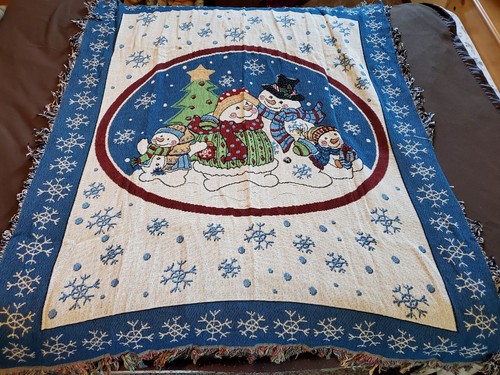 Snowman Snow Family Village Square 2006 Throw Blanket Woven Tapestry Christmas - Picture 2 of 7