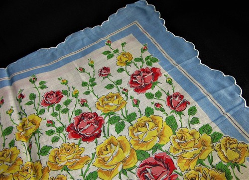 Vintage Hankie Colorful Roses Floral Blue Border Scalloped 15" x 16" - Picture 3 of 3
