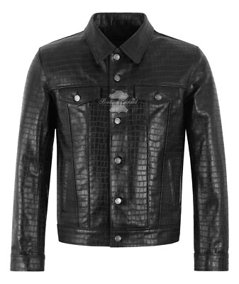 Herren Trucker Lederjacke schwarz Kroko Print Western 80er Hemd Style Jacke