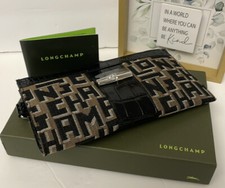 LONGCHAMP Roseau Jacquard Cosmetic Makeup Pouch Wallet Black D49o3
