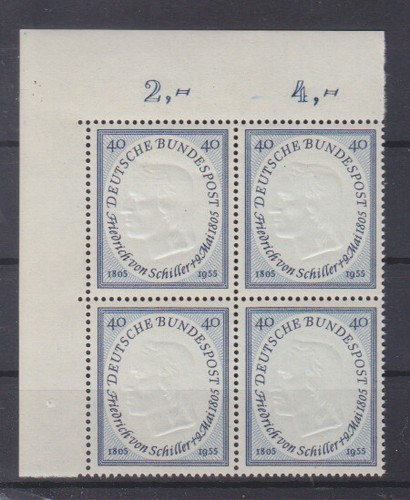 Bund 210 postfrisch Eckrand OL Viererblock Frieddrich Schiller ungefaltet (B-920 - 第 1/1 張圖片