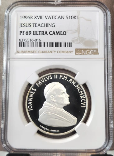 1996 VATICAN SILVER 10000 LIRE JESUS TEACHING NGC PF 69 ULTRA CAMEO RARE TOP POP