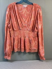 DR2 Blouse XL Orange Babydoll Smocked Waist Peplum Stretch  Floral Peasant Boho