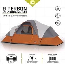 CORE 9 Person Extended Dome Tent - 16' x 9' with carrying bag ORANGE GRAY NEW