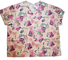 White Swan Performance RX Scrub Top, XL, Beige  Tan with Wine  Pink Print