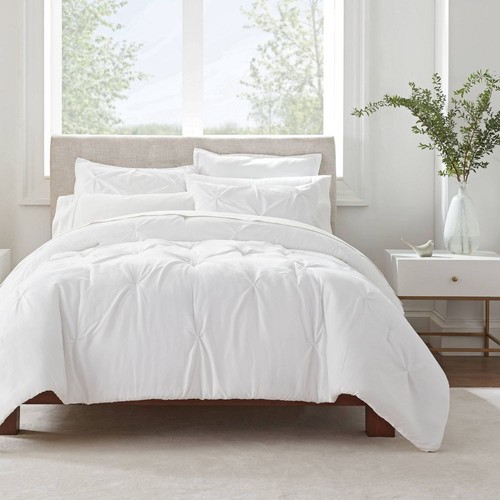 Serta Comforter Set Pleated Stain-Resistant Antimicrobial, White, Twin/TwinXL