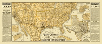 Railroad Map - Texas Railroads Steamship Lines - Poole 1884 - Vintage Wall Art