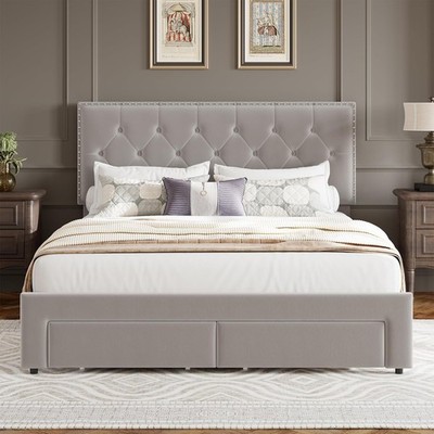 Beige Velvet Bedframe with 2 Drawers & Wingback Headboard, No Box Spring Needed