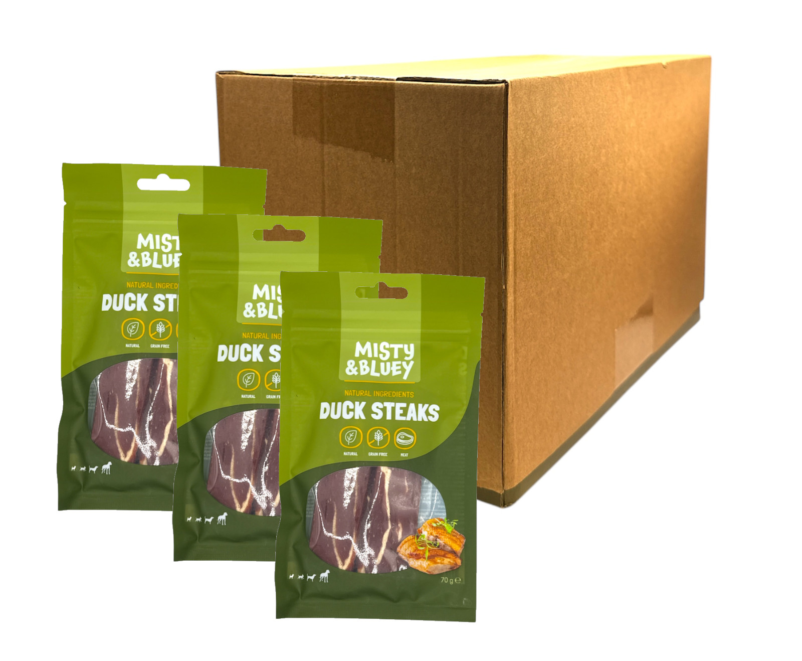 MISTY & BLUEY NATURAL DUCK STEAK GRAIN FREE MEATY DOG CHEW TREATS 70G CASE OF 10