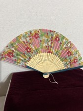 NWOT Folding Hand Fan Wood Bamboo Floral Silkey Fabric Collection Item 14" x 8"