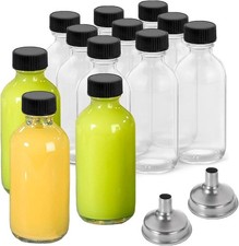 12 Pack 2 oz Small Clear Glass Bottles with Lids 2 Funnels - 60ml Boston Round