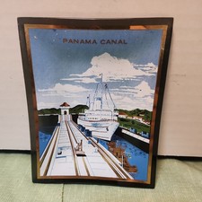 Panama Canal Locks with ships reverse painted glass tip tray plate, made in USA