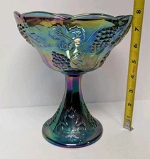 Vintage Indiana Glass Blue Carnival Glass Compote Bowl - Harvest Grape Pattern