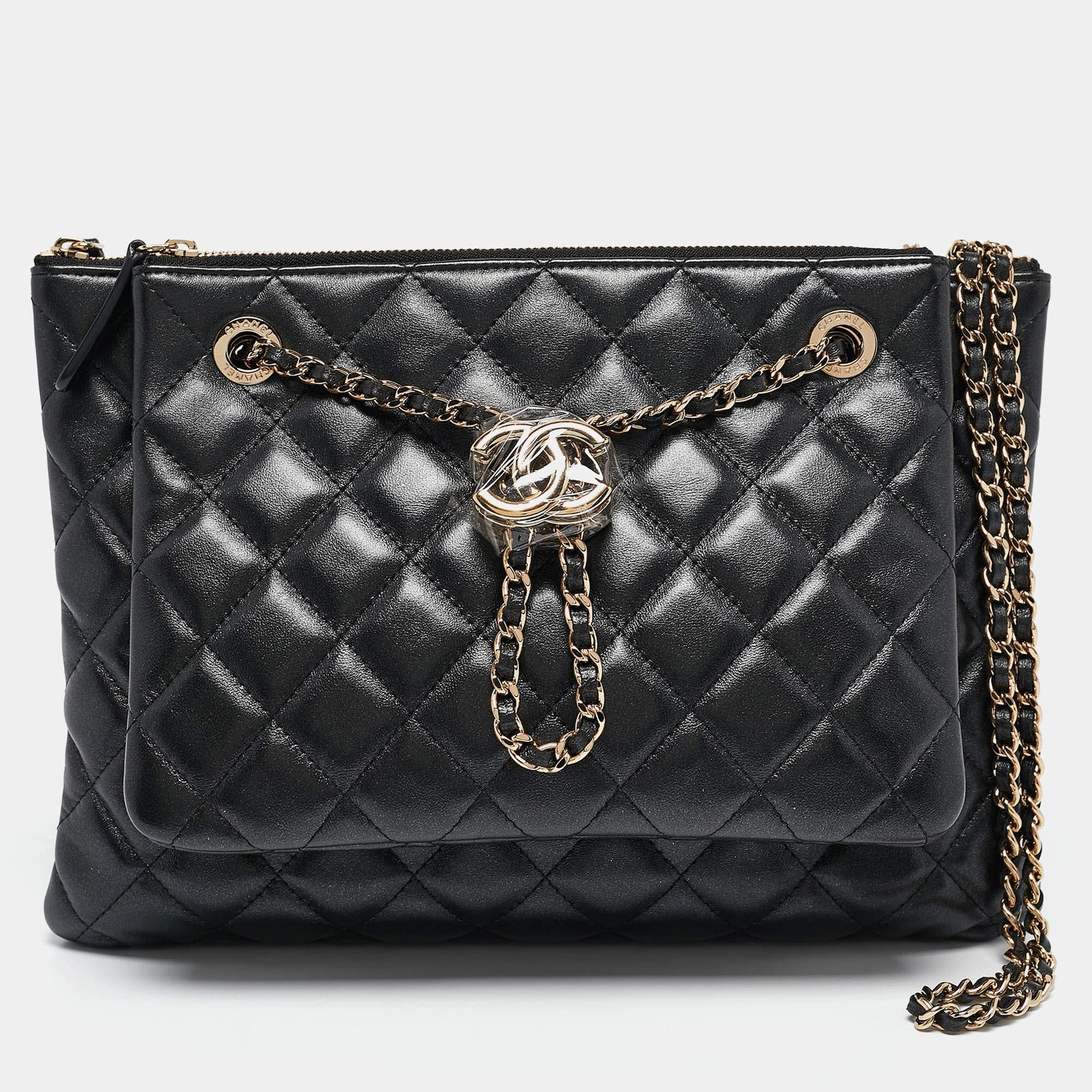 Chanel Black Quilted Leather Double Zip Pouch Bag