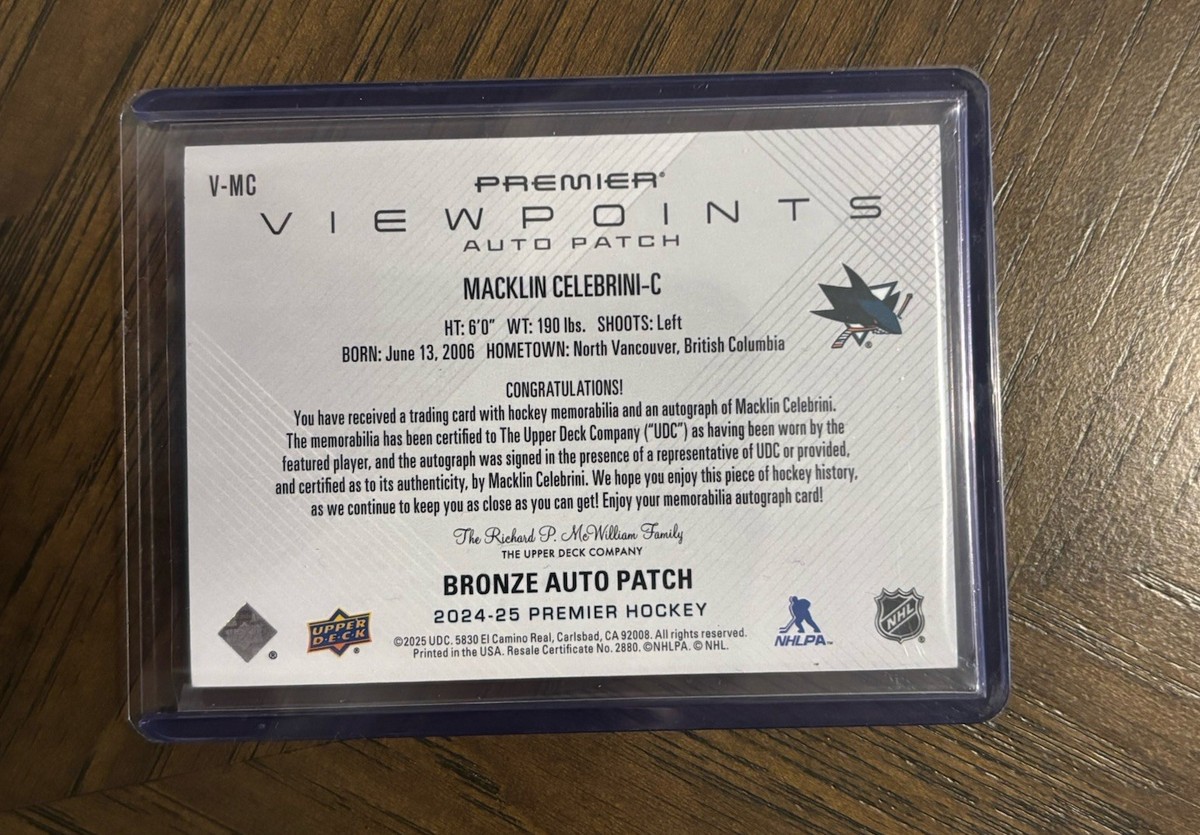 2024-25 UD PREMIER MACKLIN CELEBRINI VIEWPOINTS ROOKIE PATCH AUTO