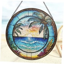 Suncatcher Hanging Stained Glass Window Decor, 9.8'' Sea Wave Ocean Sunrise