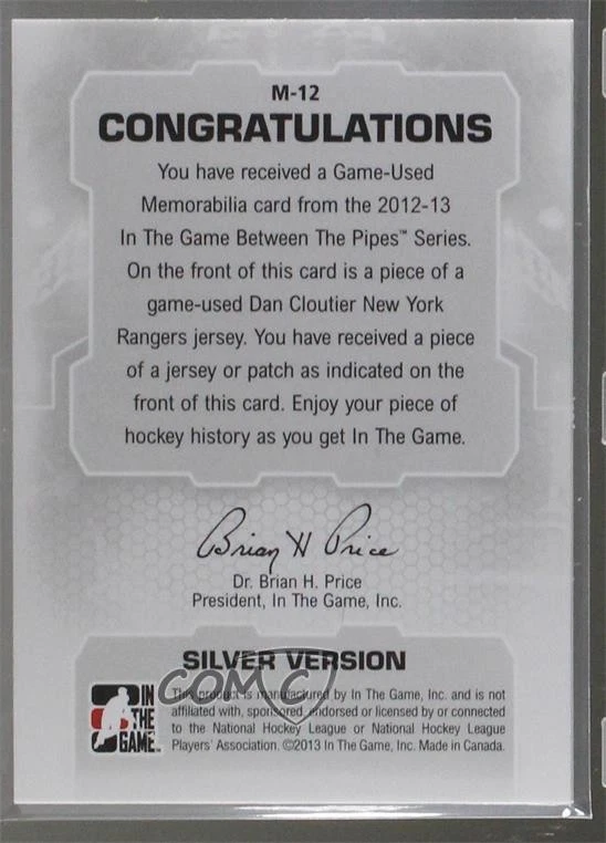 2012-13 ITG Between the Pipes Game-Used Jersey Silver /140 Dan Cloutier #M-12 - Image 2 of 2