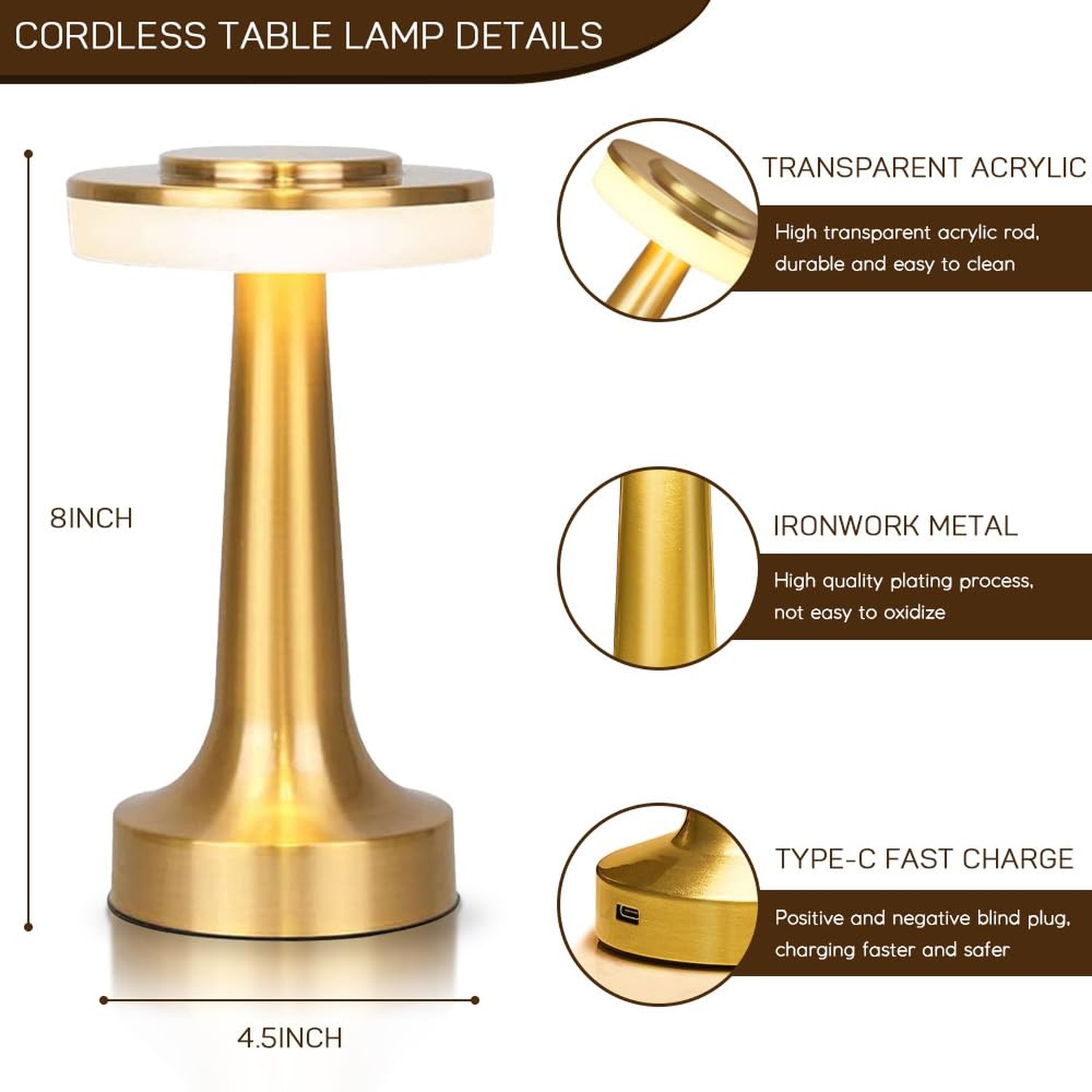 Cordless Metal Desk Lamp, Touch Sensor Control LED Table Lamp,3 Color Steples...