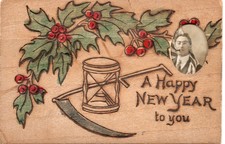 Antique Wood Novelty Postcard A Happy New Year Man Photo Hourglass Scythe Holly