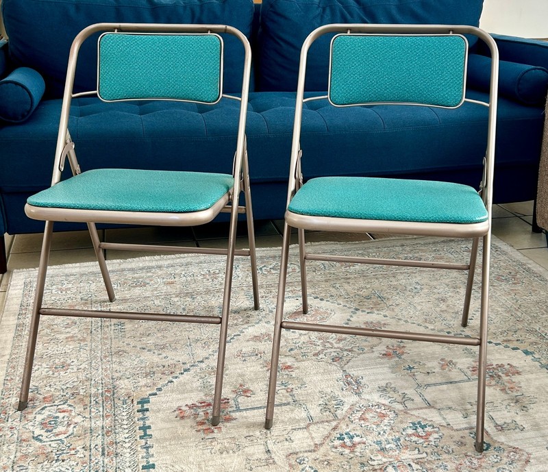 Vintage 2 Samsonite Mid Century Metal Folding Chairs  Blue Teal Model 6881