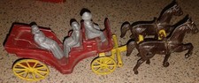 Vintage Stanley Toy Cast Iron Horse Drawn Surry Carriage 2 Riders Chained Horses
