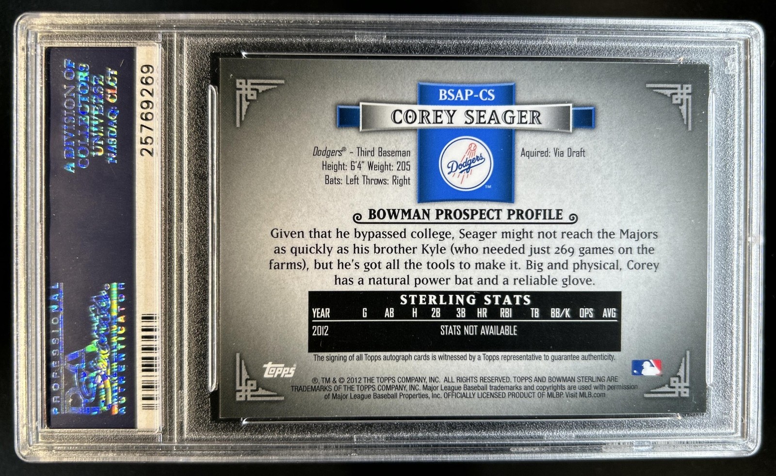 2012 Bowman Sterling Corey Seager Prospect Auto #BSAP-CS Dodgers PSA 10 GEM MINT view 2