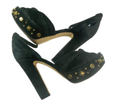 GUESS Women Kenzie High Block Suede Heels Size 7 Black Elegant Buckle Party